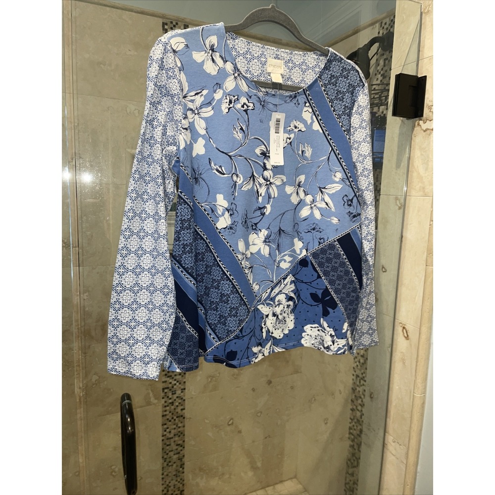 Chico's French Patchwork Floral Blouse 1 Medium Blue White Stretch Top NEW